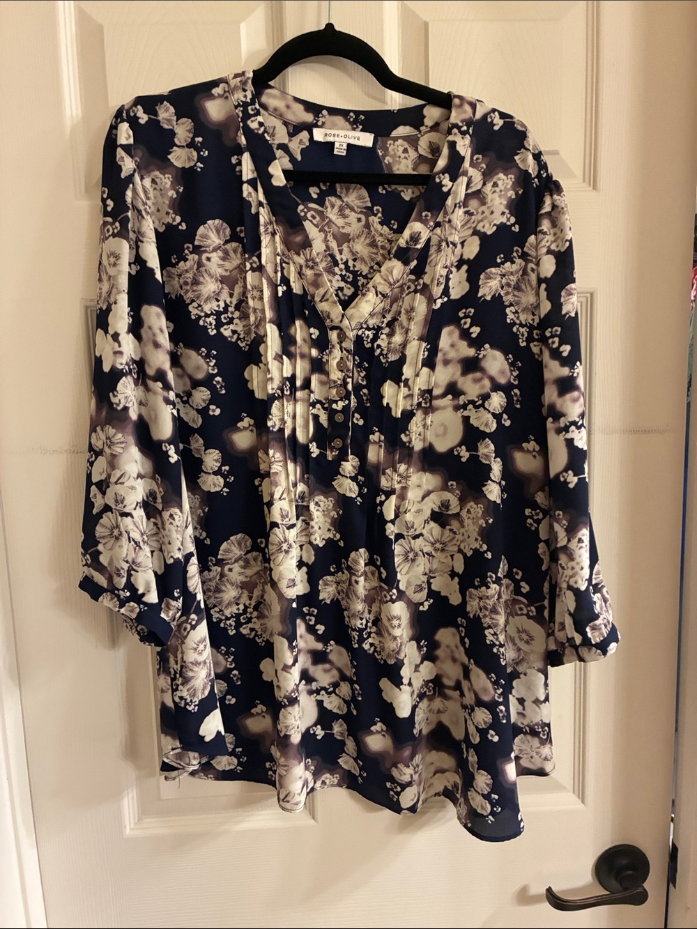 Rose & Olive Navy and Cream Floral Pintuck Blouse